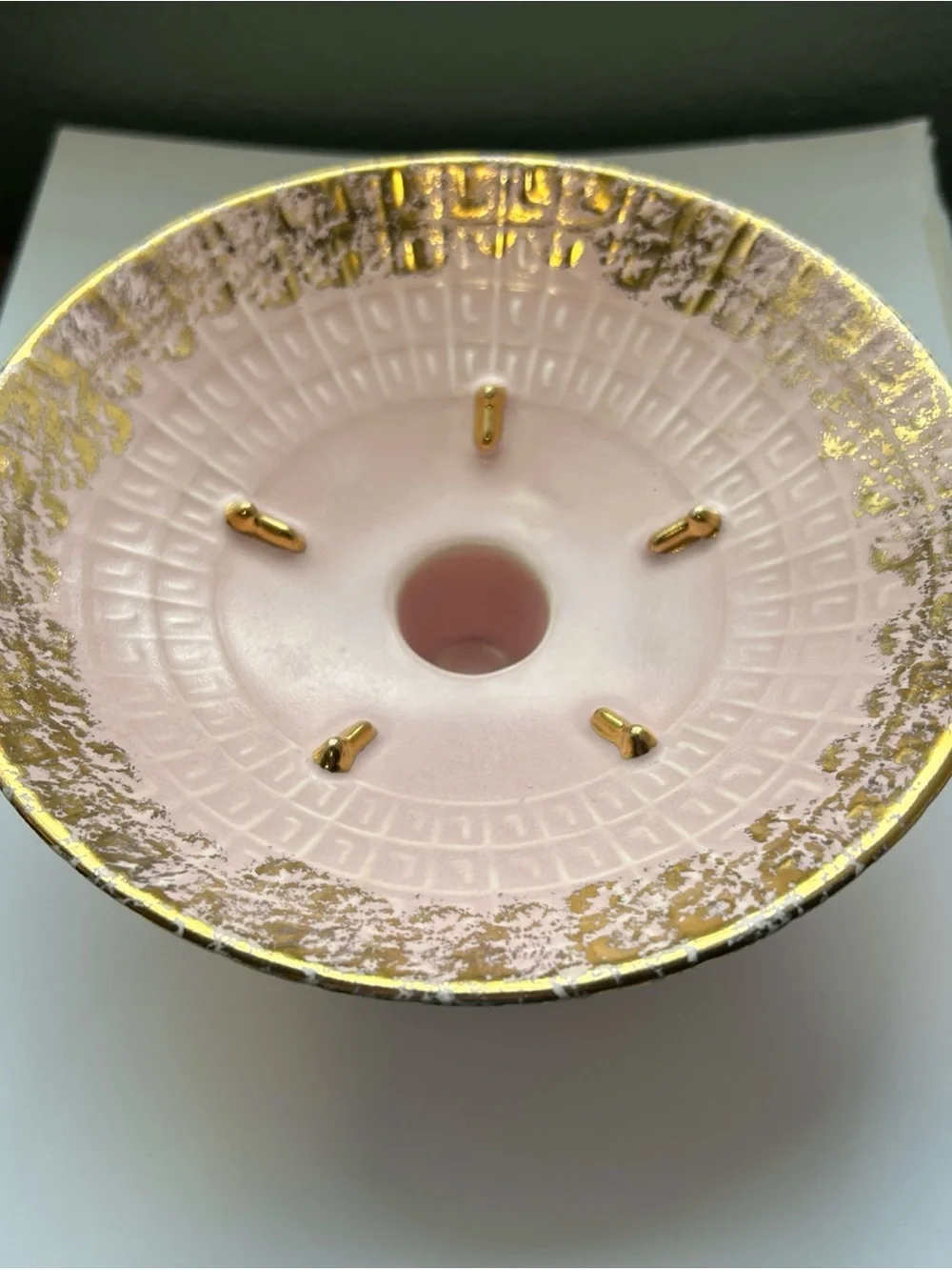 MCM Ceramic pedestal bowl candle holder pale pink Gold Sponge raised design rare